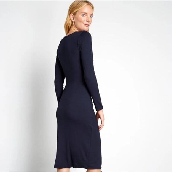 ModCloth On The Town Faux Wrap Dress Navy Blue Women's XL V Neck Long Sleeve - Picture 2 of 5